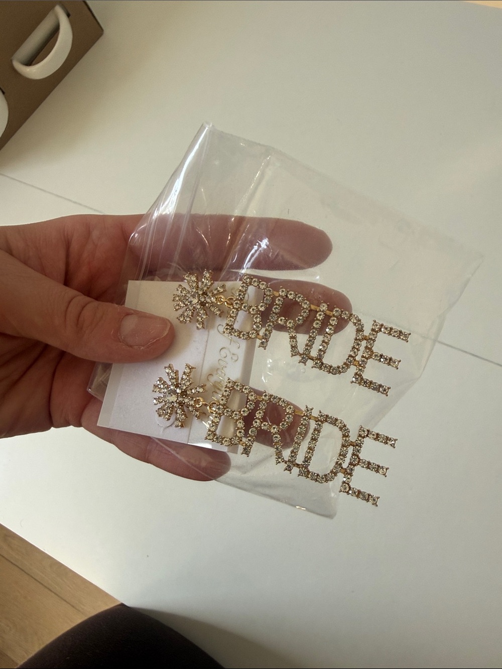 Gold 'BRIDE' Rhinestone Drop Earrings - Women's Bridal Accessory